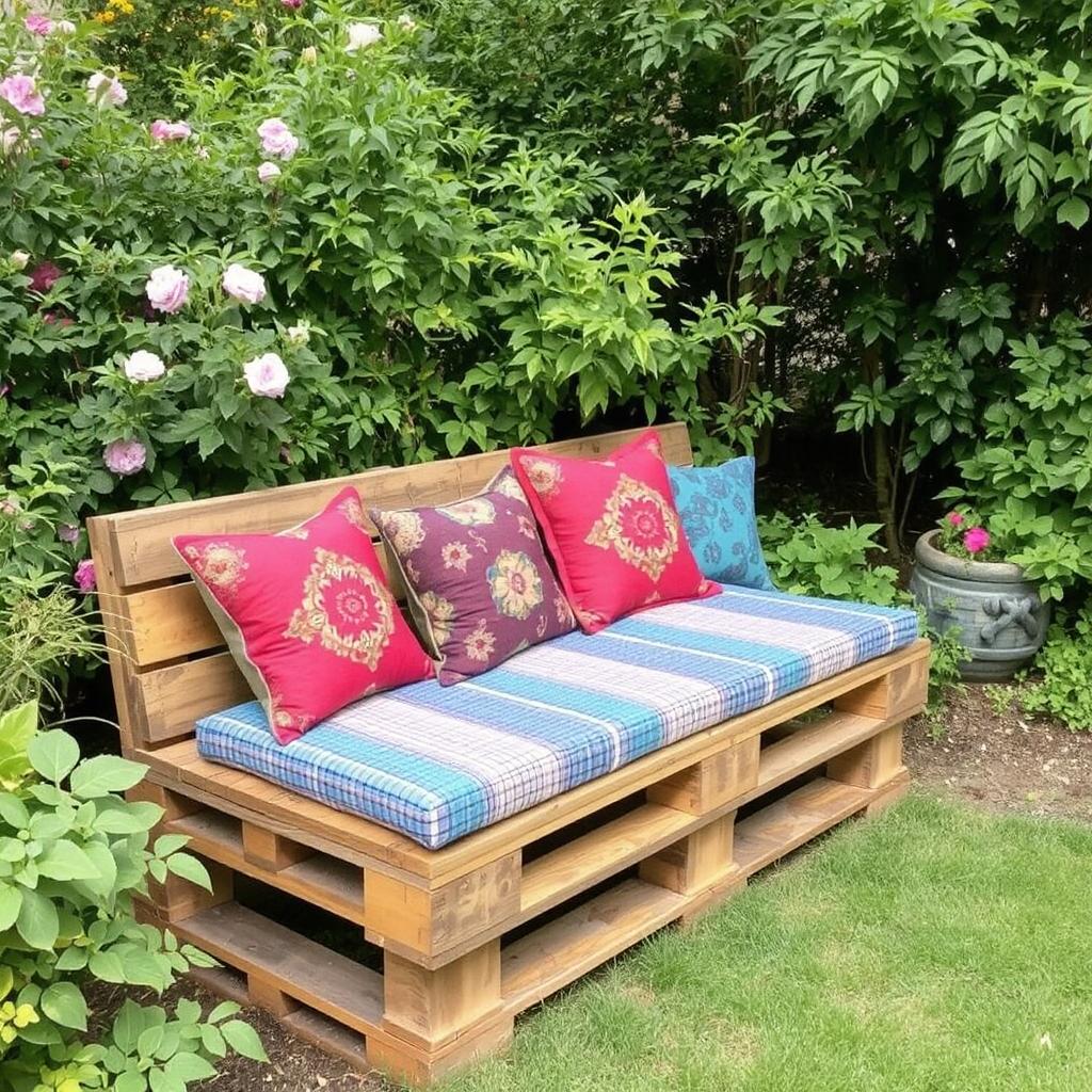 A pallet garden bench with colorful cushions in a lush garden.