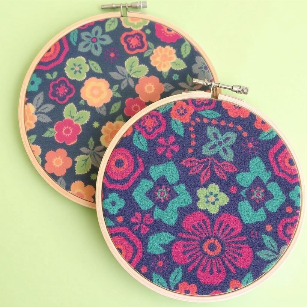 A set of three hoops with vibrant, patterned fabric hoops