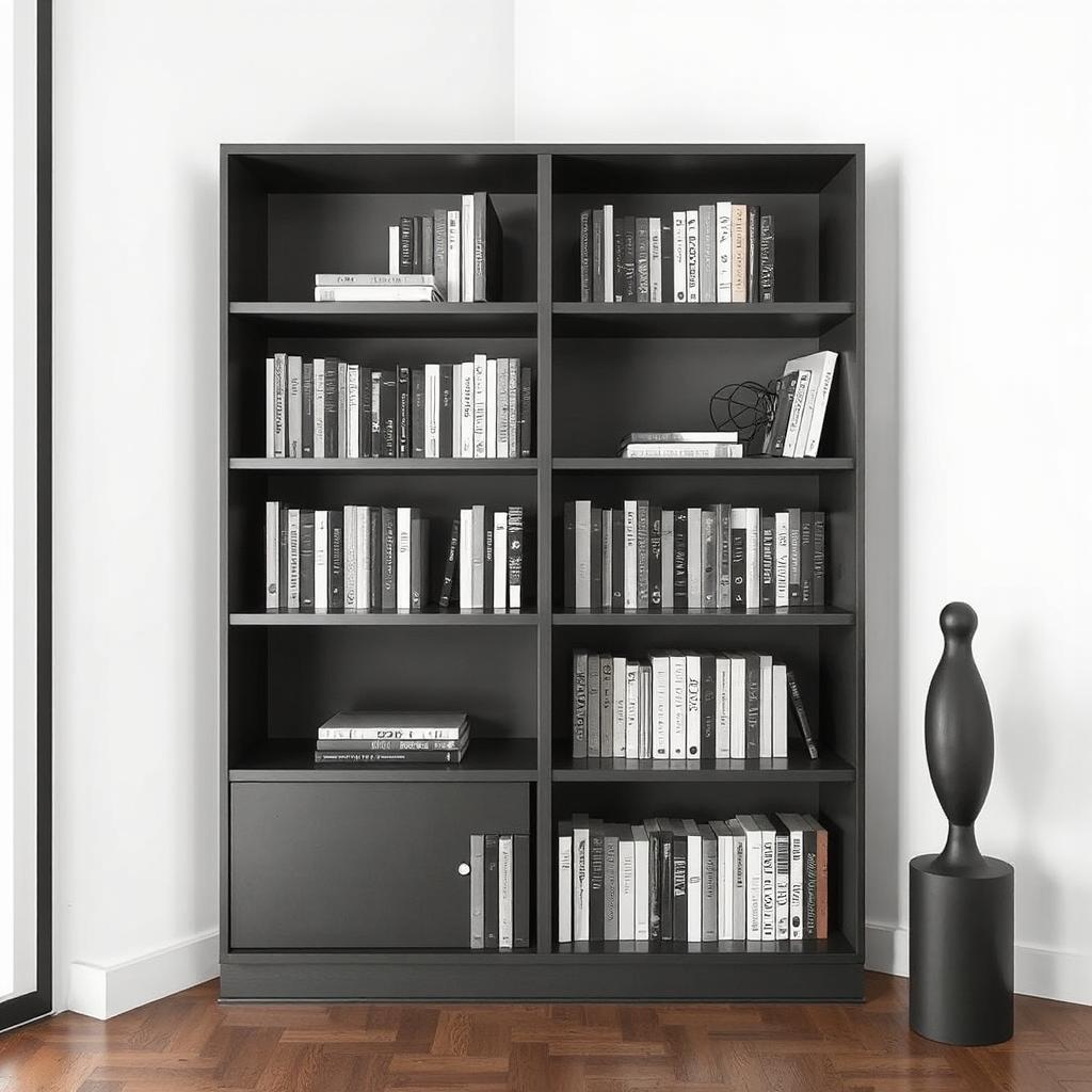 A minimalistic corner bookshelf with all-white books, vases, and simple decor pieces.