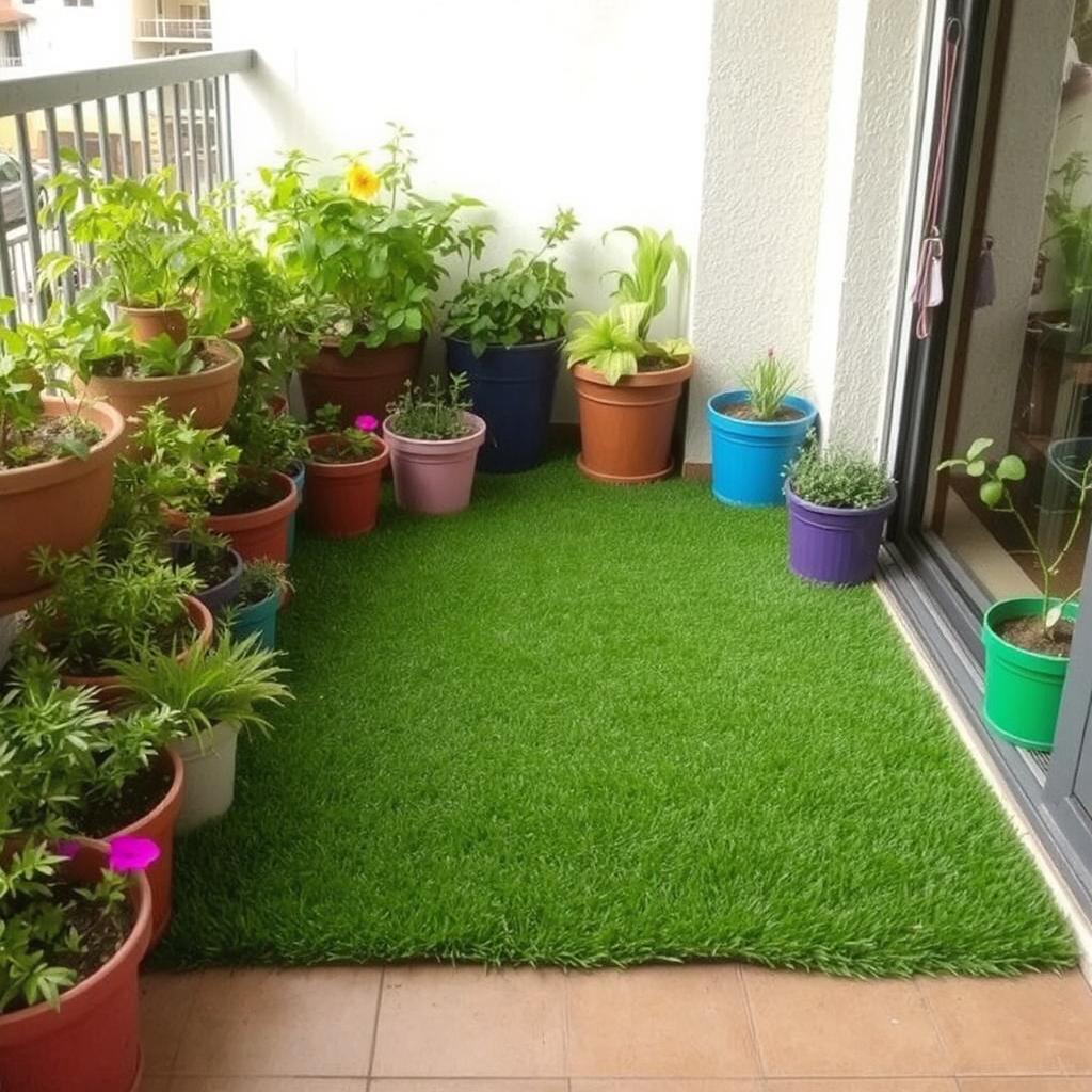 A small balcony with artificial grass covering the ground, surrounded by colorful pots filled with flowers and herbs.