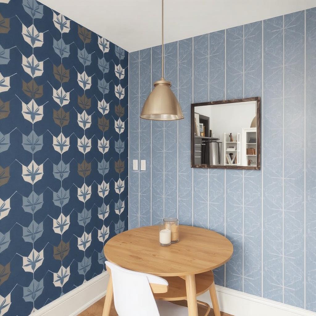 A small dining area with a wall covered in blue and white peel-and-stick wallpaper featuring a modern geometric pattern