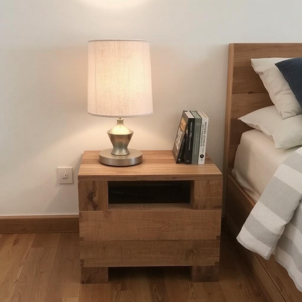 A small pallet nightstand with a lamp and books.