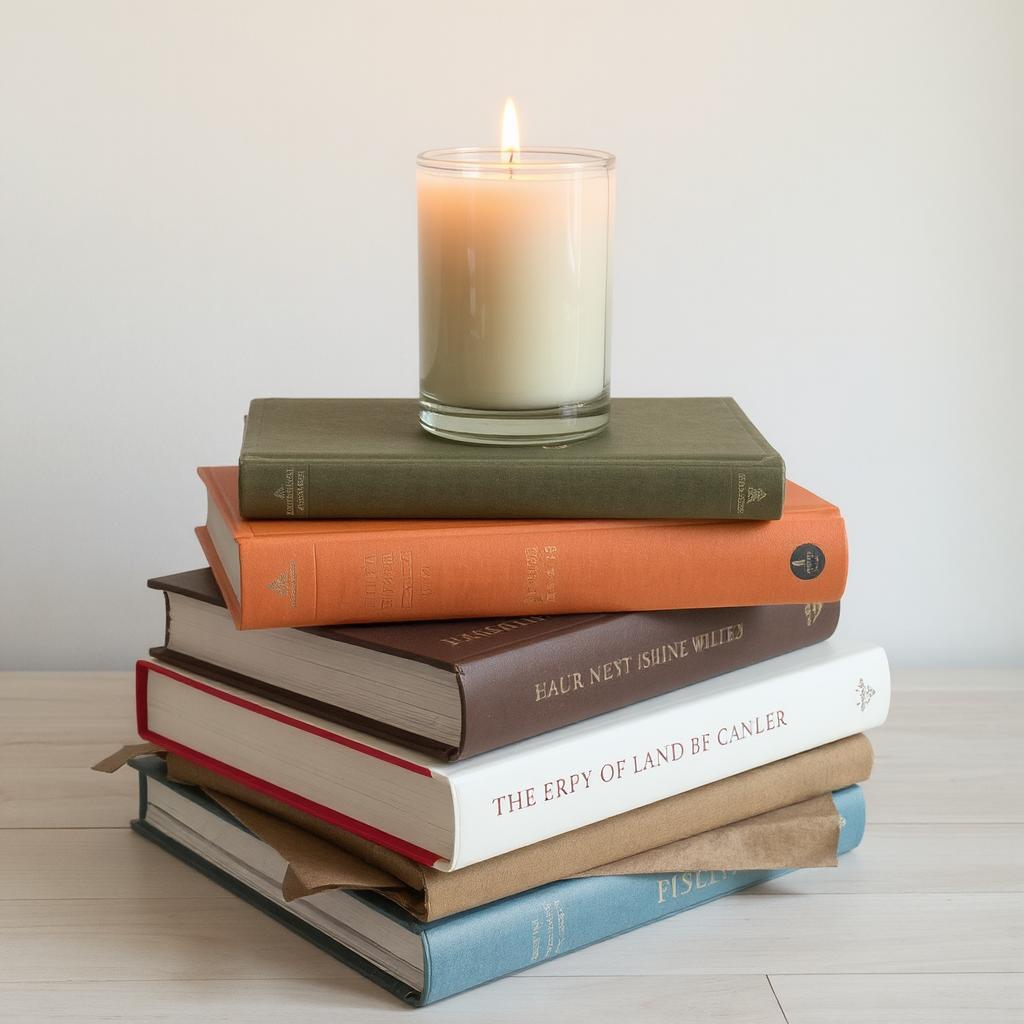 A stack of books topped with a candle.