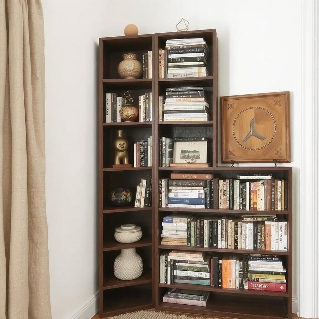 A-tall-corner-bookshelf-stacked-with-books-and-decorative-items