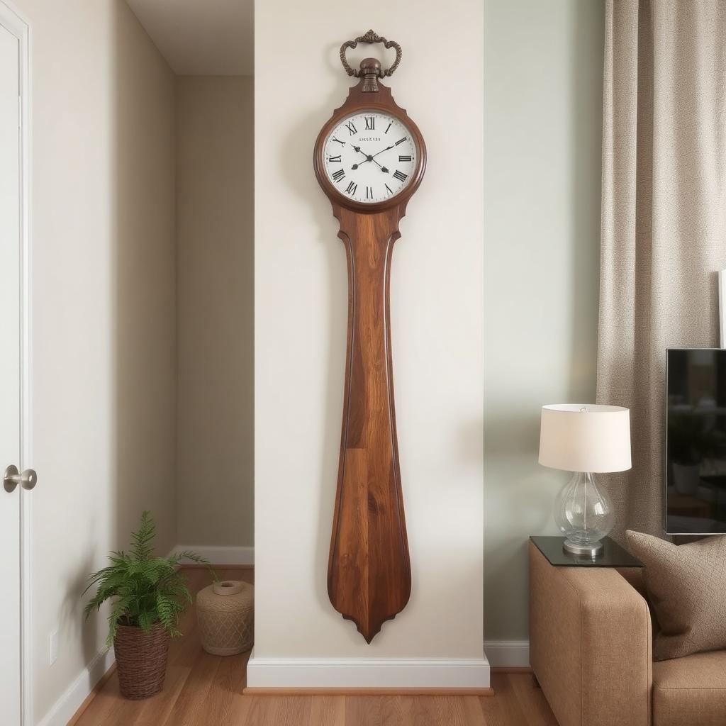 apartment wall clock decor- A tall, slim vertical wall clock placed on a narrow wall in a hallway or living room.