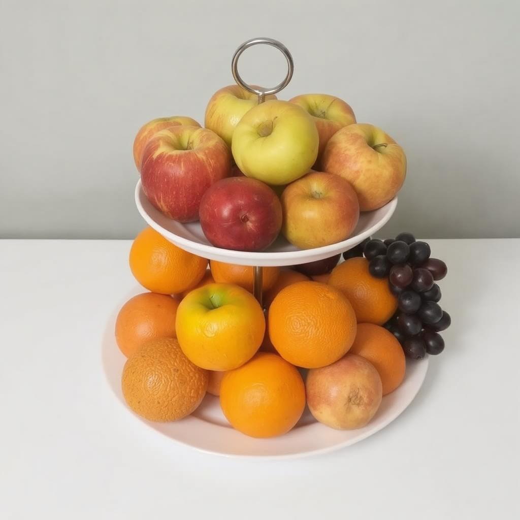 A tiered tray with apples, oranges, and grapes.