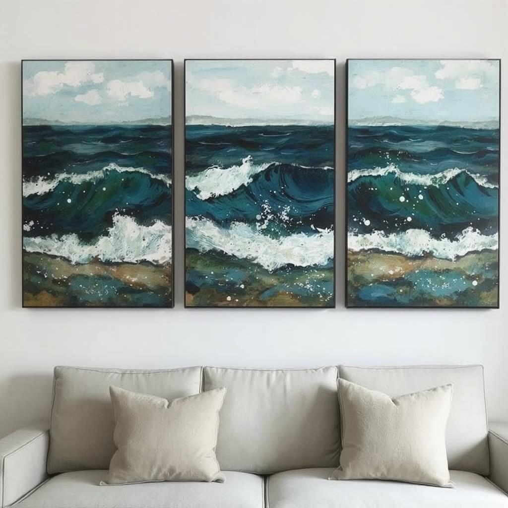 A triptych of abstract ocean-themed paintings hung above a compact sofa.