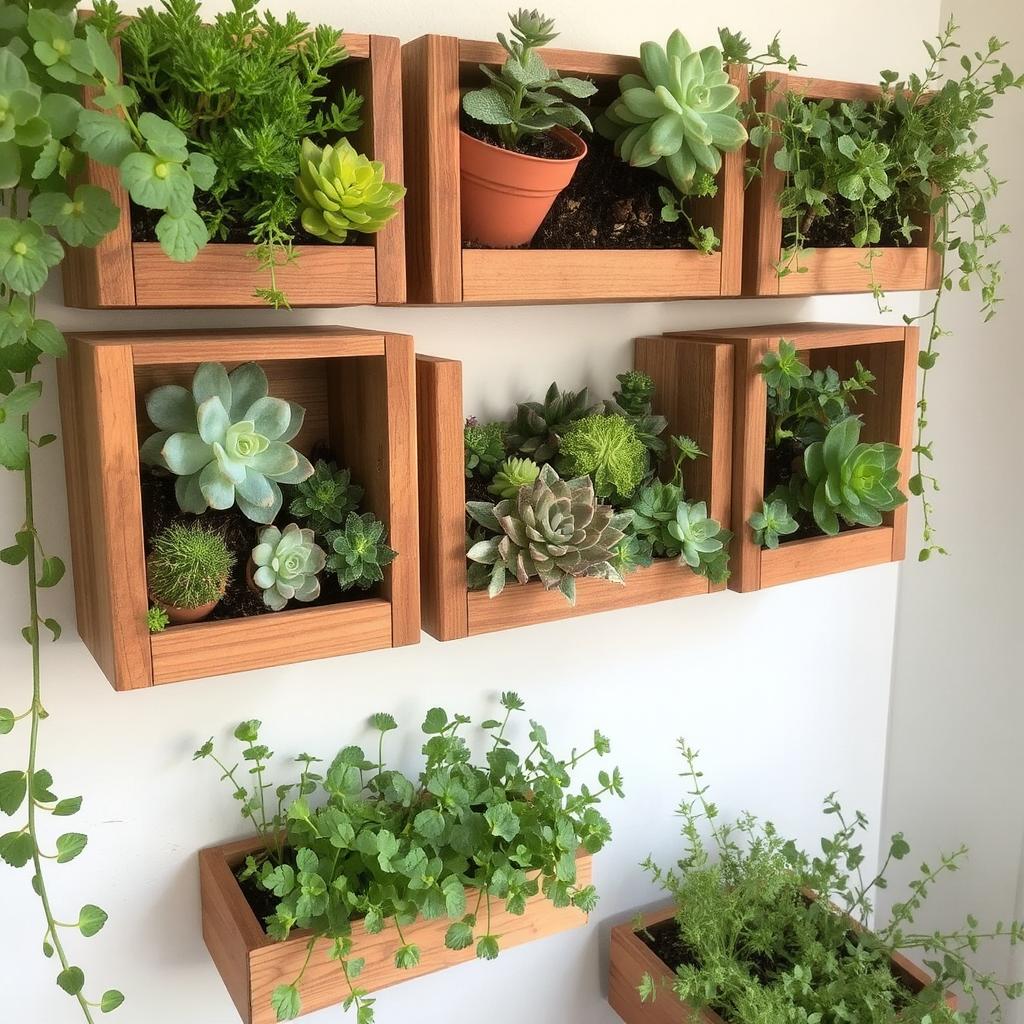 A vertical garden made of small wall-mounted wooden boxes filled with succulents and herbs wall decor for small place 