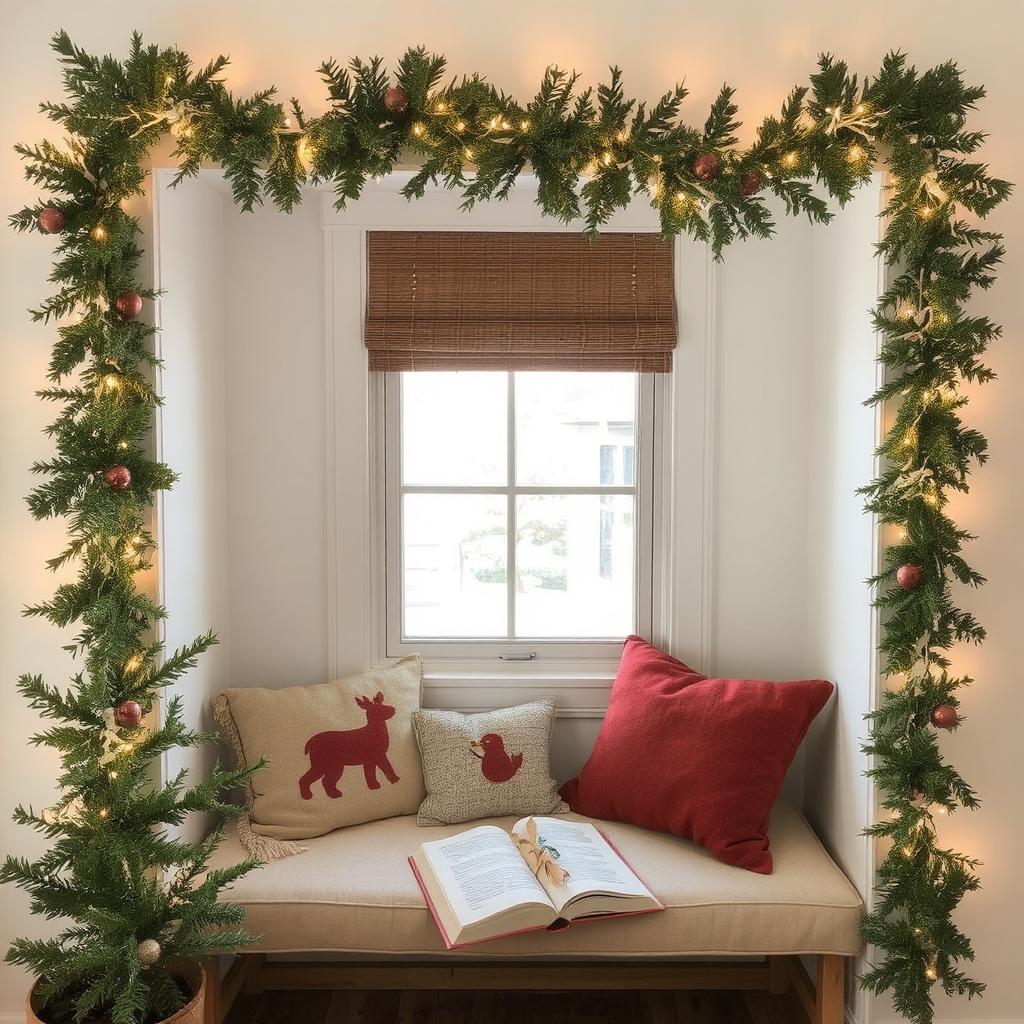 A vibrant garland hung above a cozy reading nook.