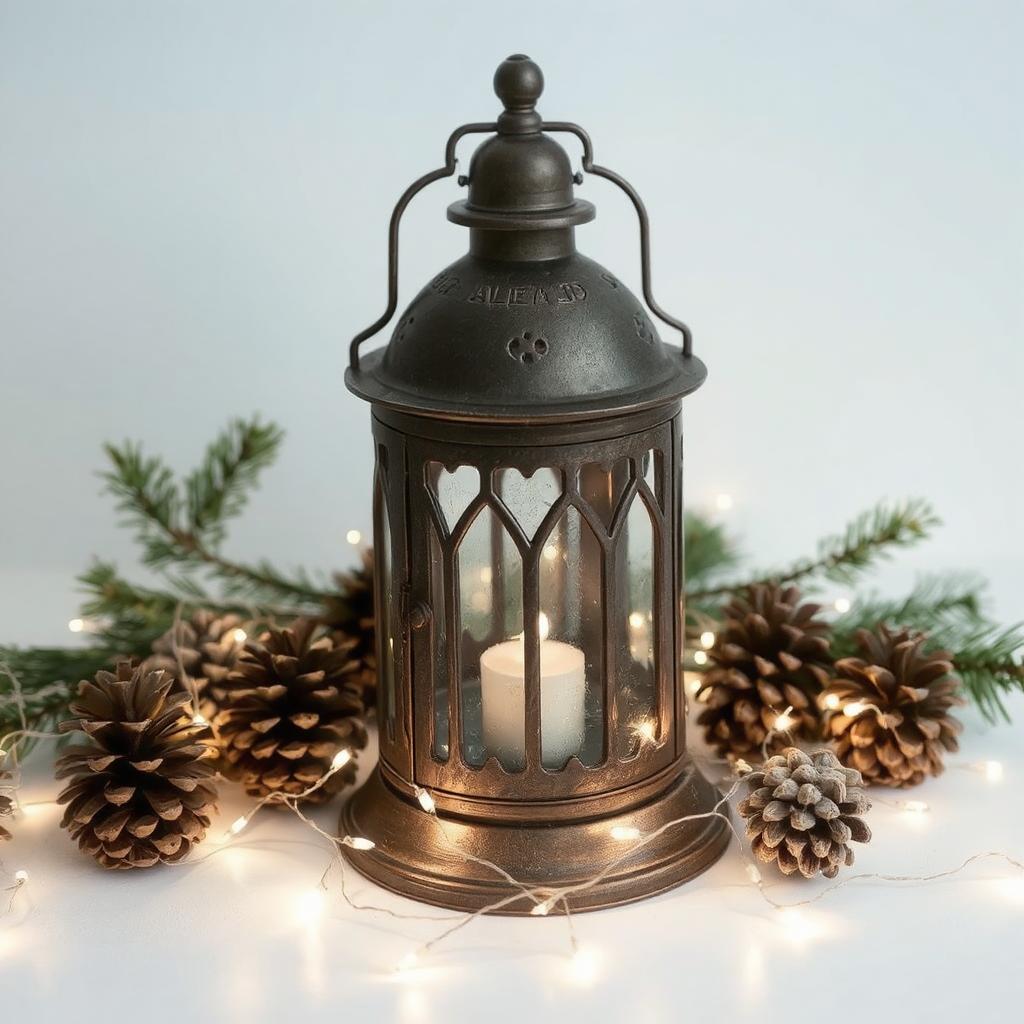 A vintage lantern surrounded by pinecones and fairy lights.