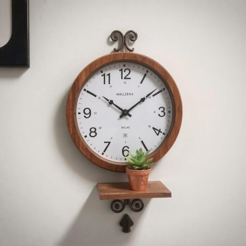 wall clock decor for small spaces A-wall-clock-with-a-small-shelf-attached-holding-a-small-plant-blending-style-and-functionality