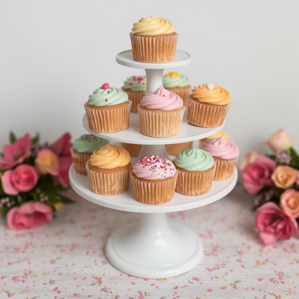 A white stand with colorful cupcakes.