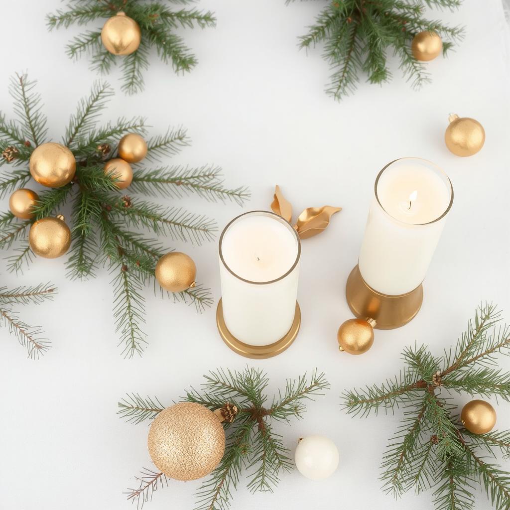 A white table with pine branches, candles, and gold ornaments.