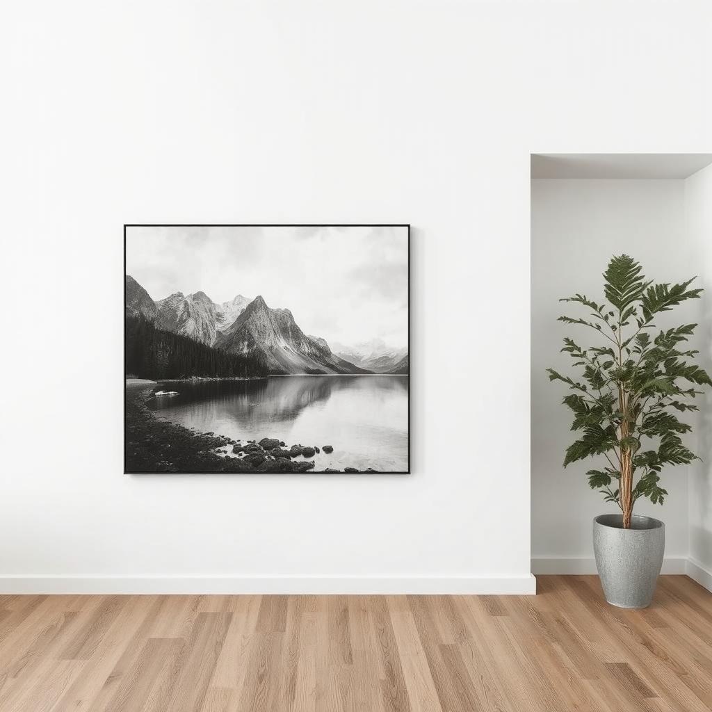 A white wall with a single black-and-white abstract painting of lake hung at eye level.