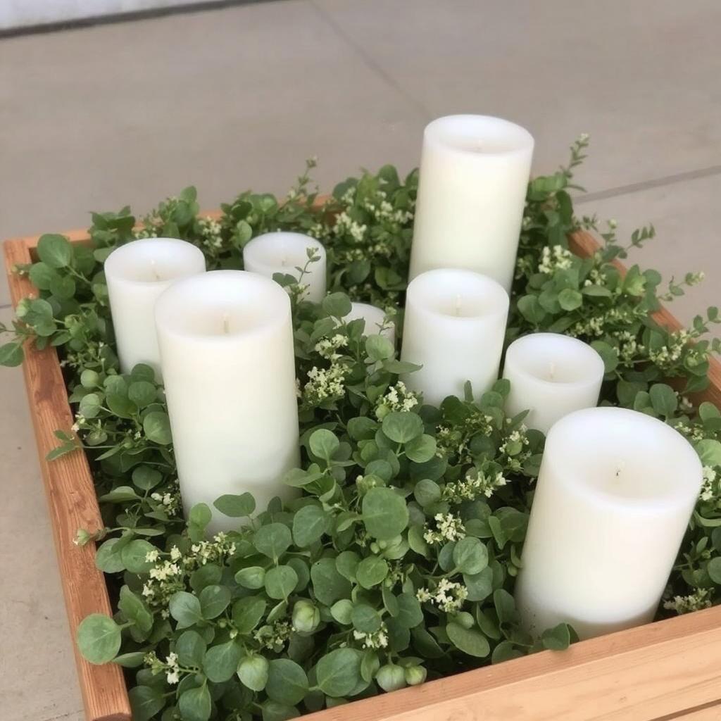 A wooden crate filled with greenery and white pillar candles.