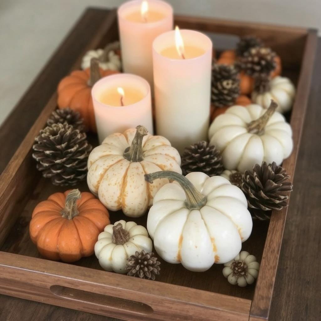 A wooden tray holding pumpkins, pinecones, and candles.