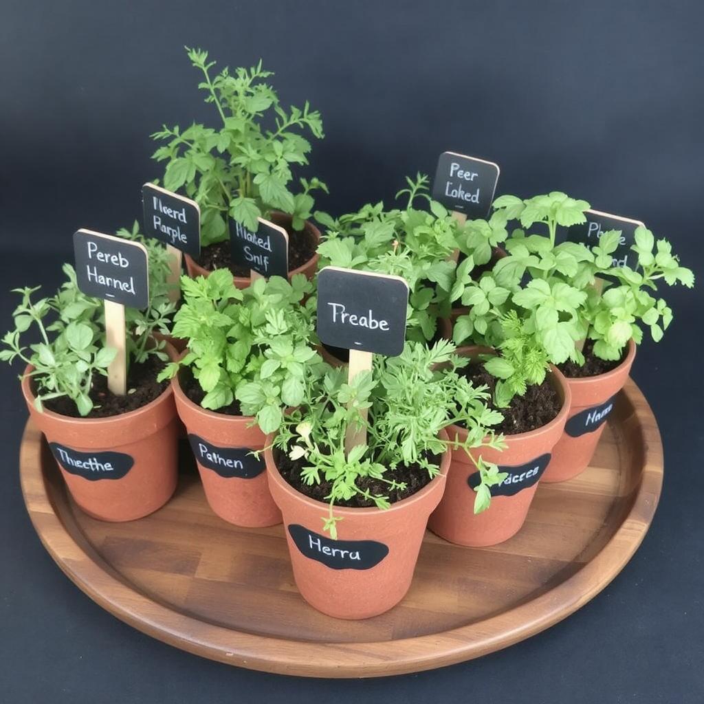 Herb pots with chalkboard labels on a wooden tray.
