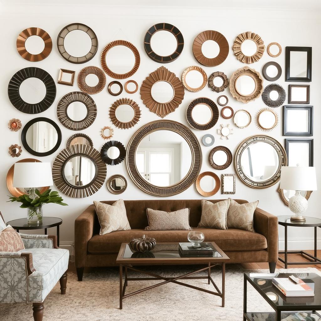 Living room wall decorated with a gallery of round, square, and rectangular mirrors, showcasing various styles and enhancing the space’s visual appeal