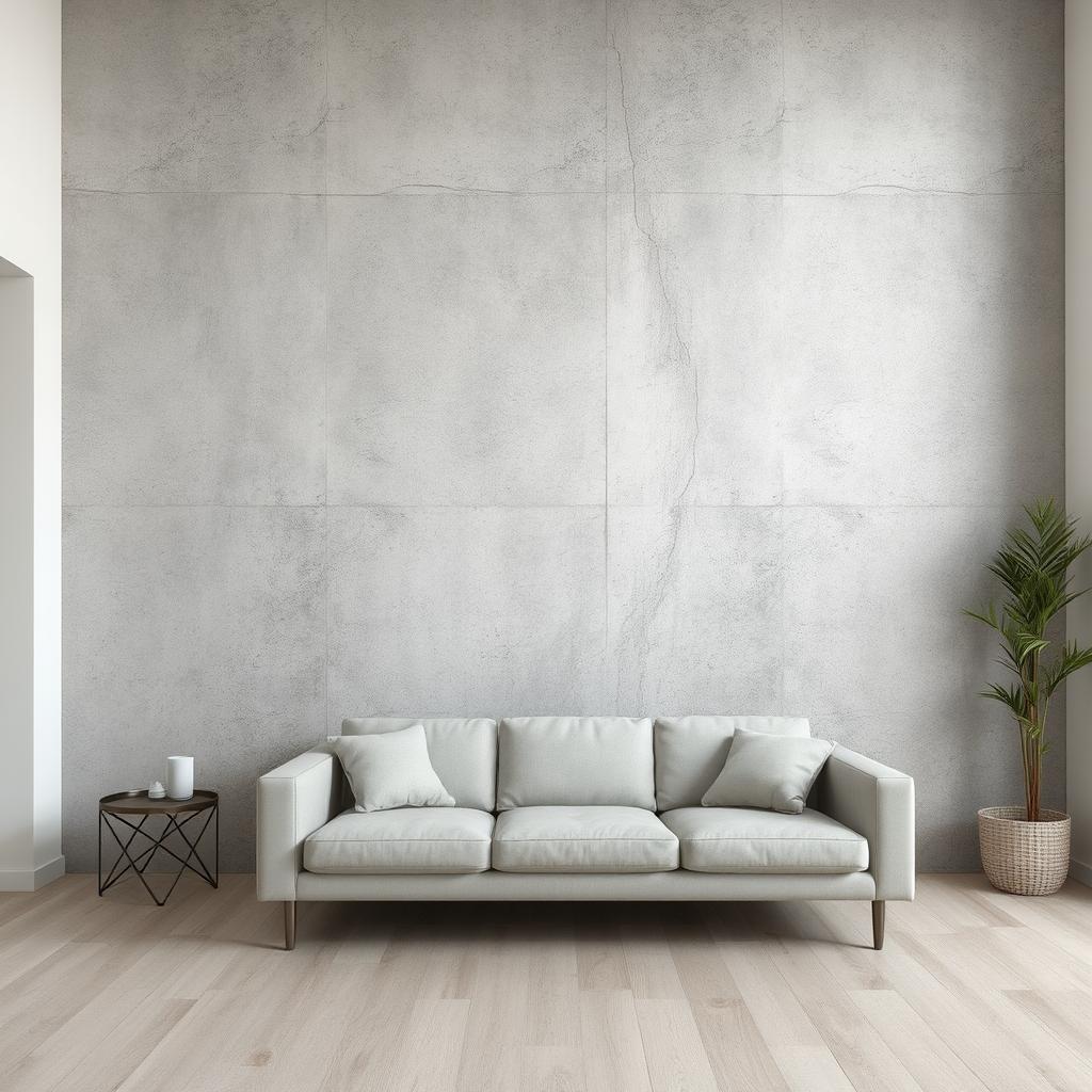 Minimalist living room with a textured concrete accent wall behind a sleek sofa.