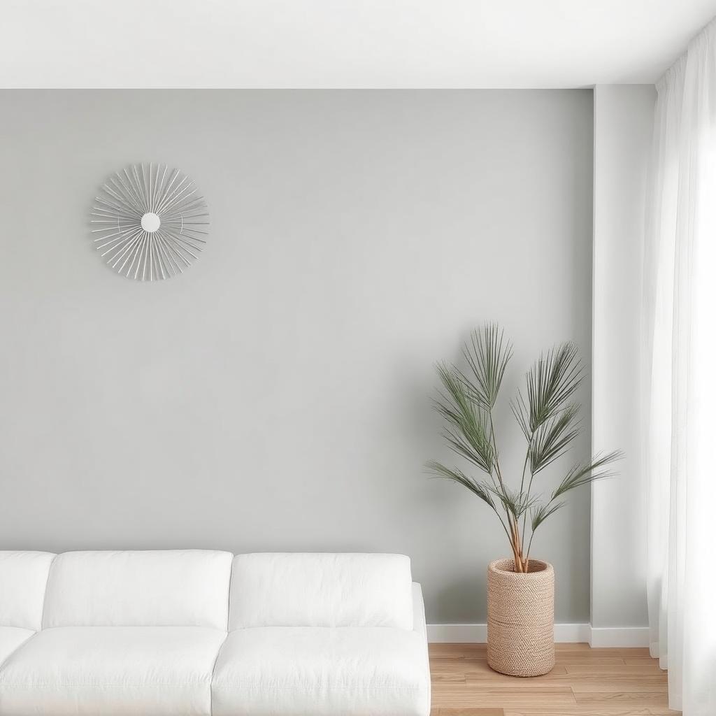 Minimalist wall decor: A soft gray wall with a smooth matte finish, paired with a sleek white sofa