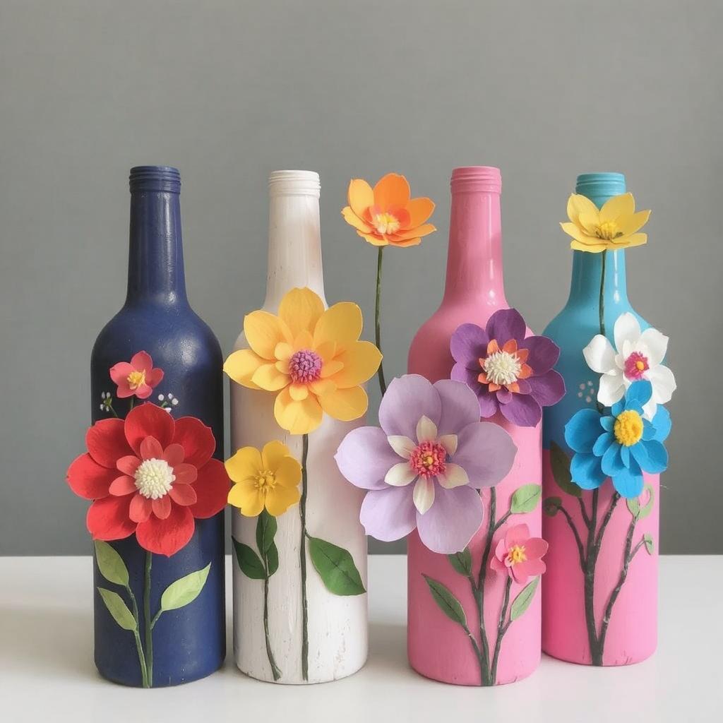 Painted wine bottles with paper flowers in vibrant colors