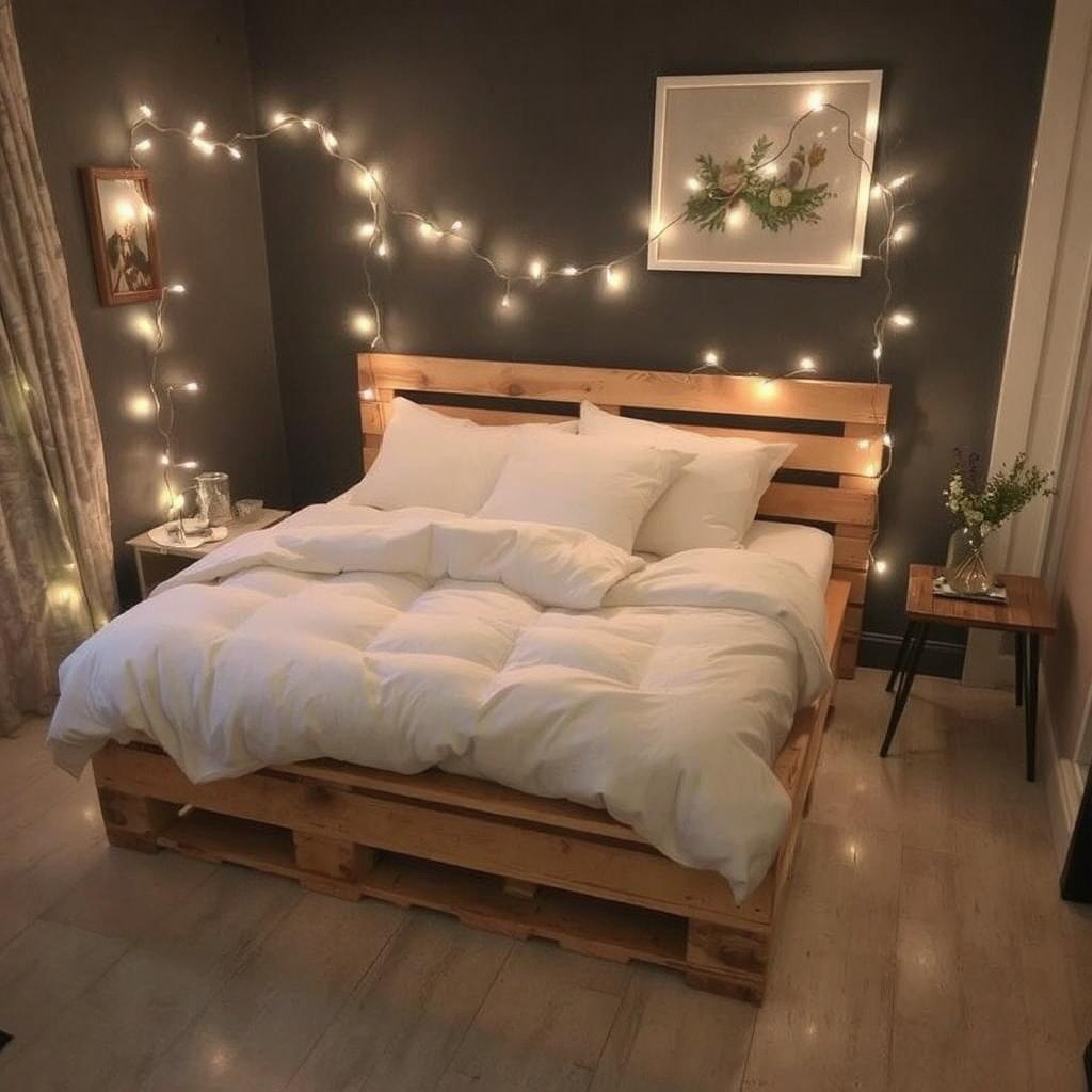 : Pallet bed frame with white bedding and fairy lights.