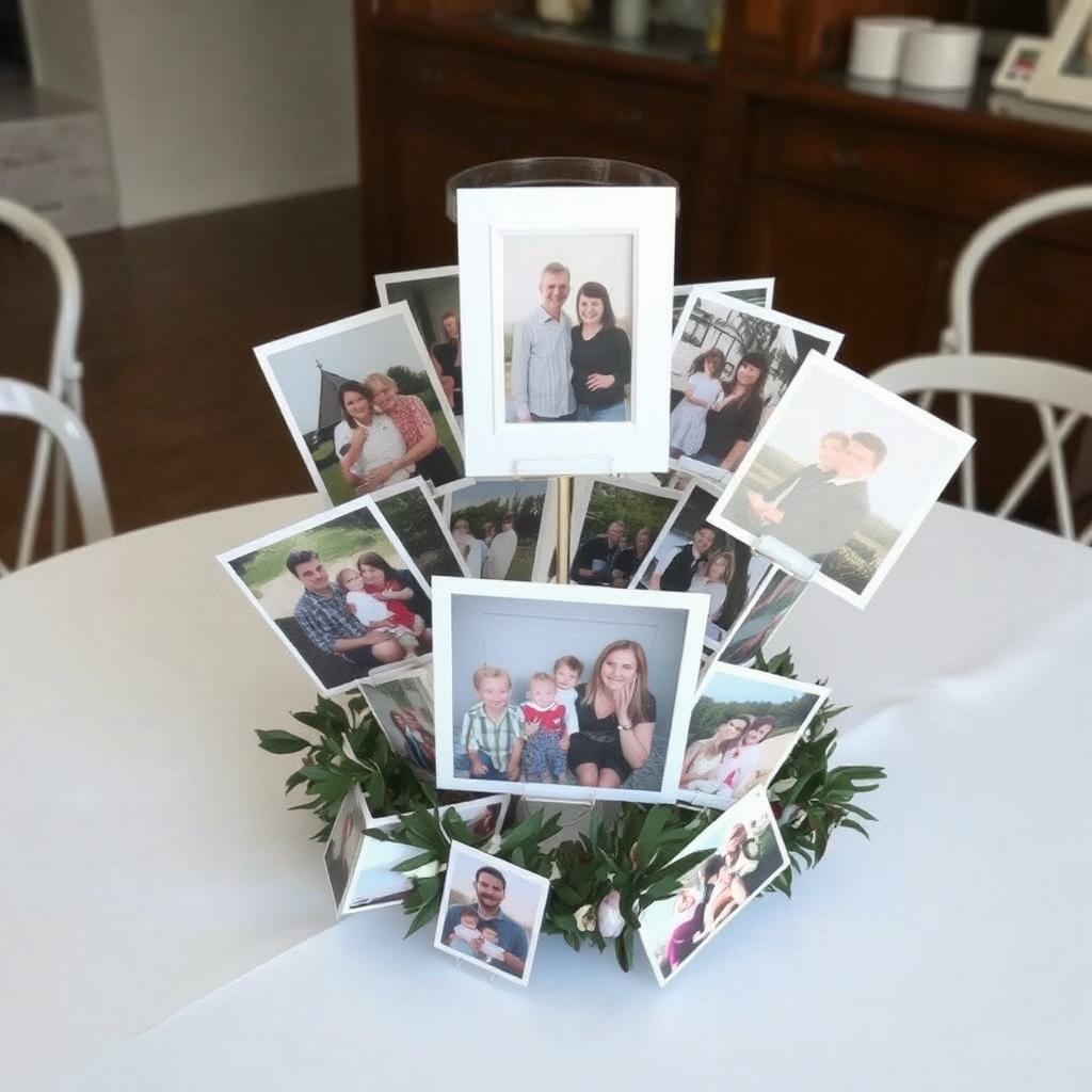 "Photo display centerpiece with garland and family pictures.