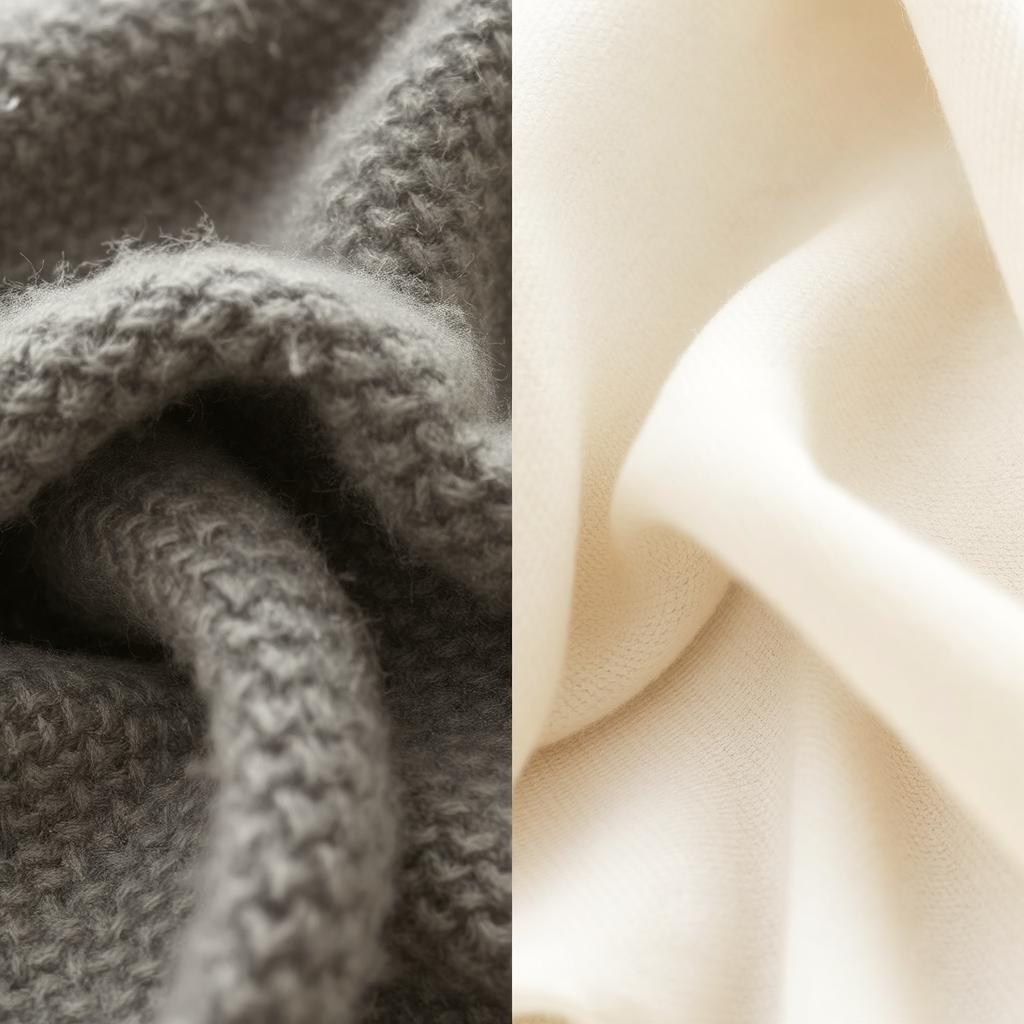 Close-up shots of both wool and cashmere fabric to highlight softness and draping qualities.