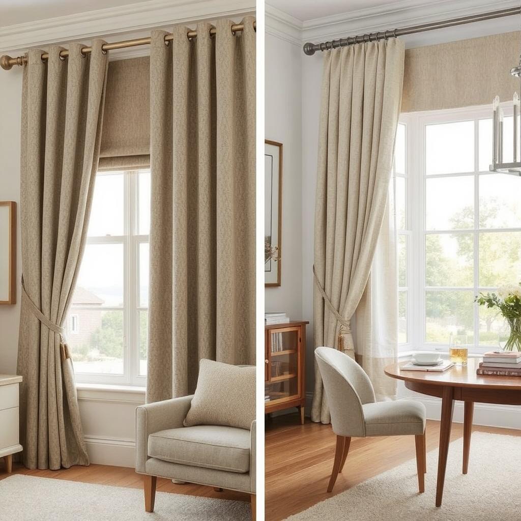 Room setups showcasing wool curtains in a cozy living room and cashmere curtains in a luxurious bedroom or dining room.