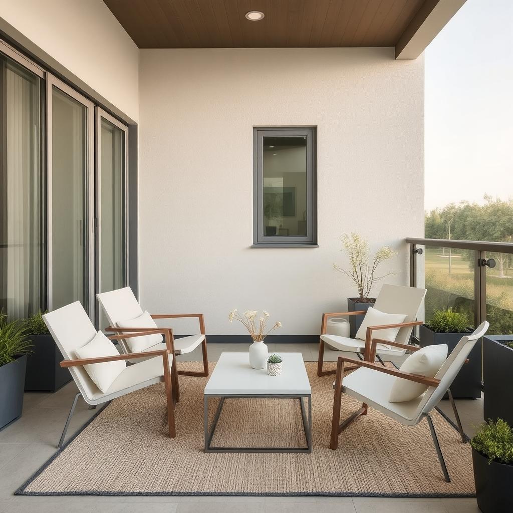 A modern balcony with sleek outdoor chairs, a minimalist coffee table, and an outdoor rug to tie it together.