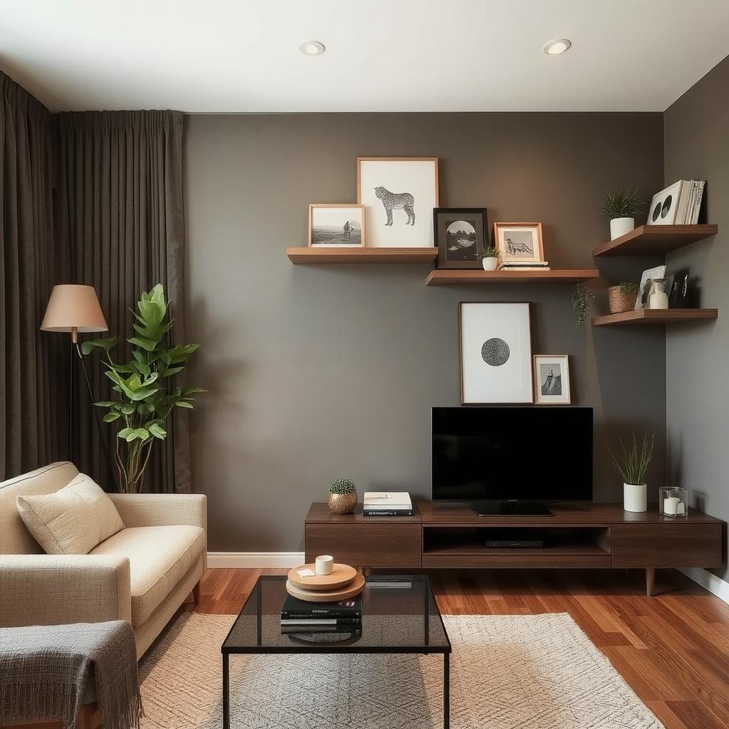 Floating shelves to save space and display decor in an apartment living room