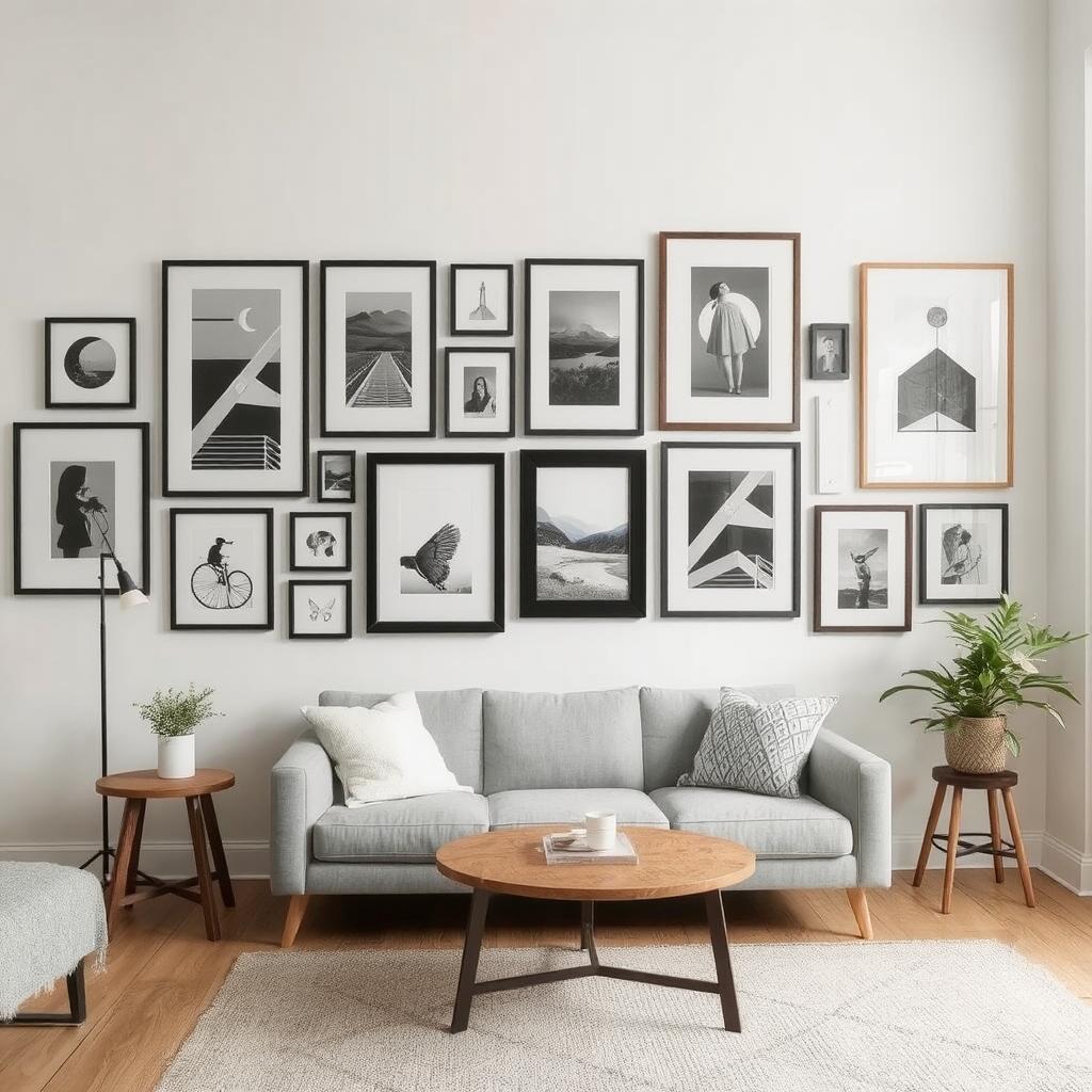 Creative gallery wall in an apartment living room using framed art and prints