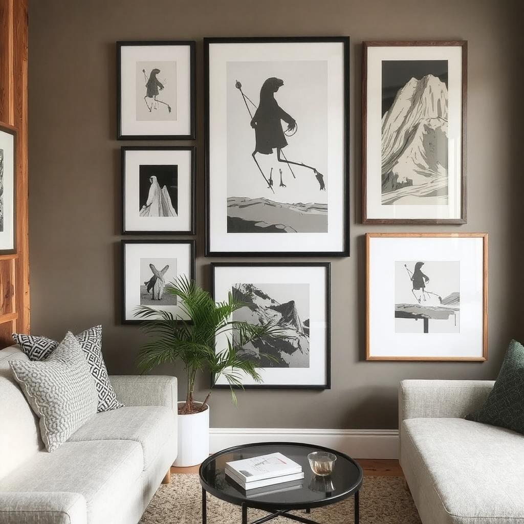 Staggered floating frames for an apartment wall gallery