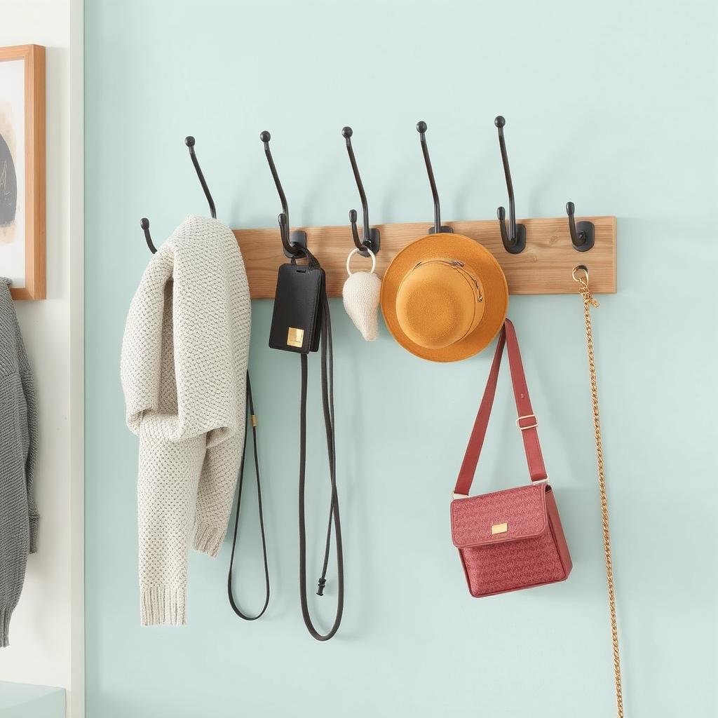 Multi-hook rack for organizing in a small apartment entryway