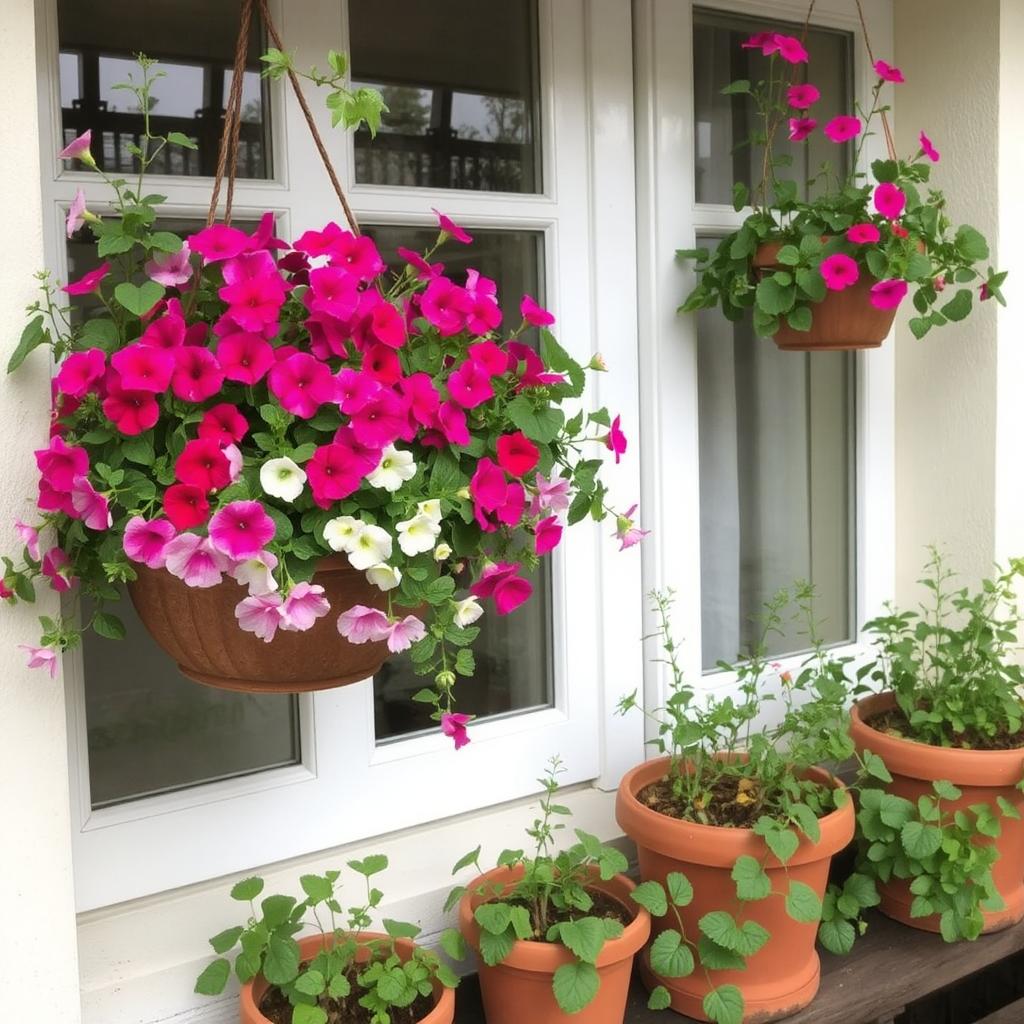 A balcony with petunias and geraniums in hanging baskets and a few herbs in terracotta pots.