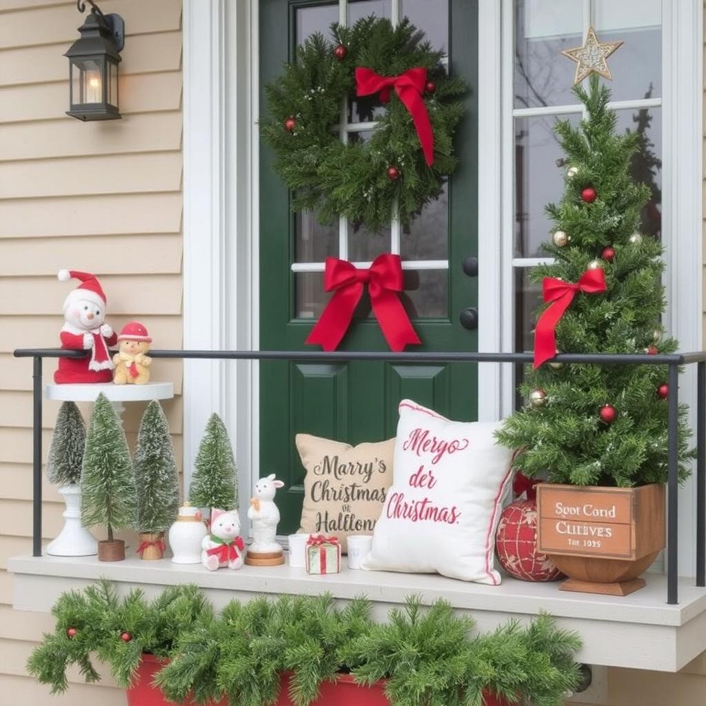 Show a balcony with figurines, holiday cushions, and a few personalized touches like festive mugs or a Christmas sign.