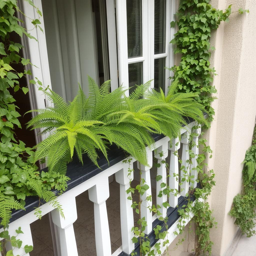 A balcony with lush green ferns and ivy trailing over the edges of a railing.