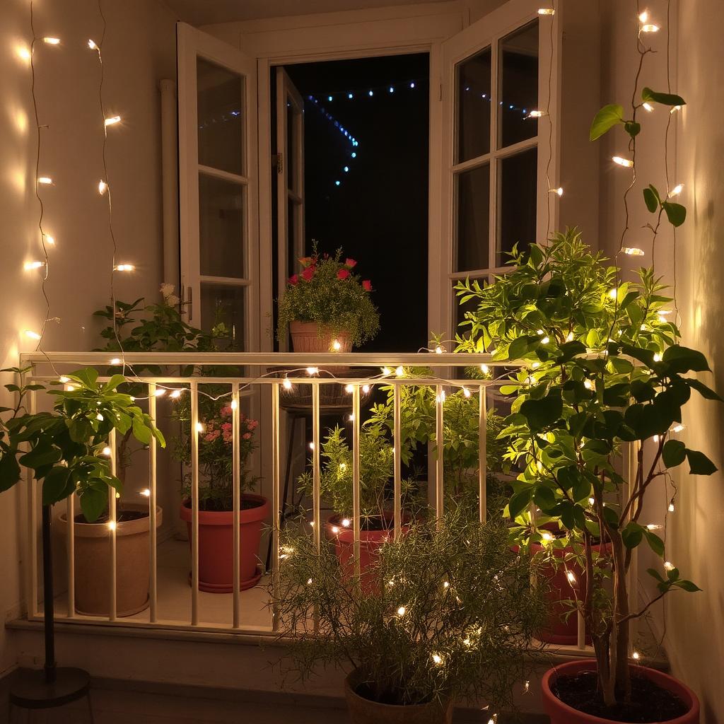 Display a balcony lit up with warm string lights hanging across the railings and around plants.