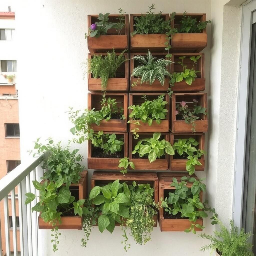 A vertical garden made from wooden crates with various plants growing in each section, attached to the balcony wall.