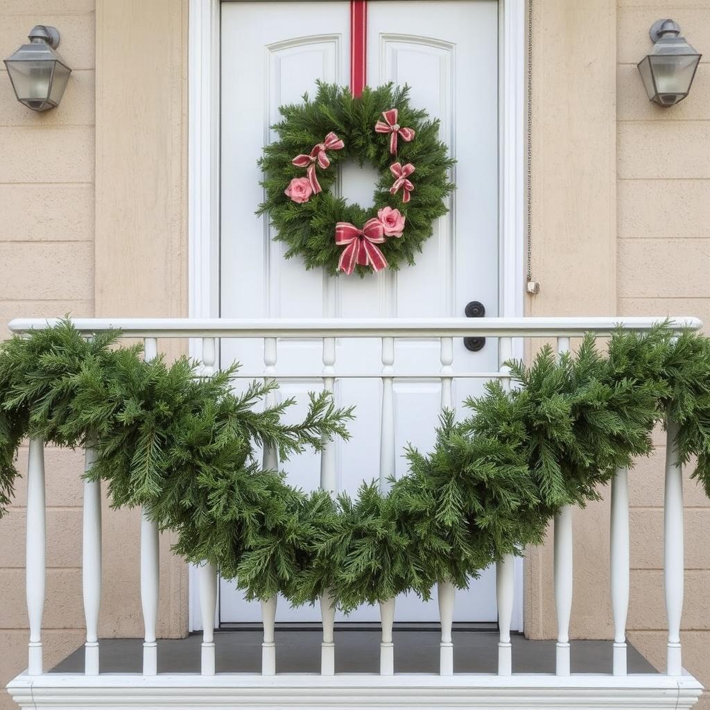 Show a balcony railing decorated with a lush green garland and a large wreath on the door.