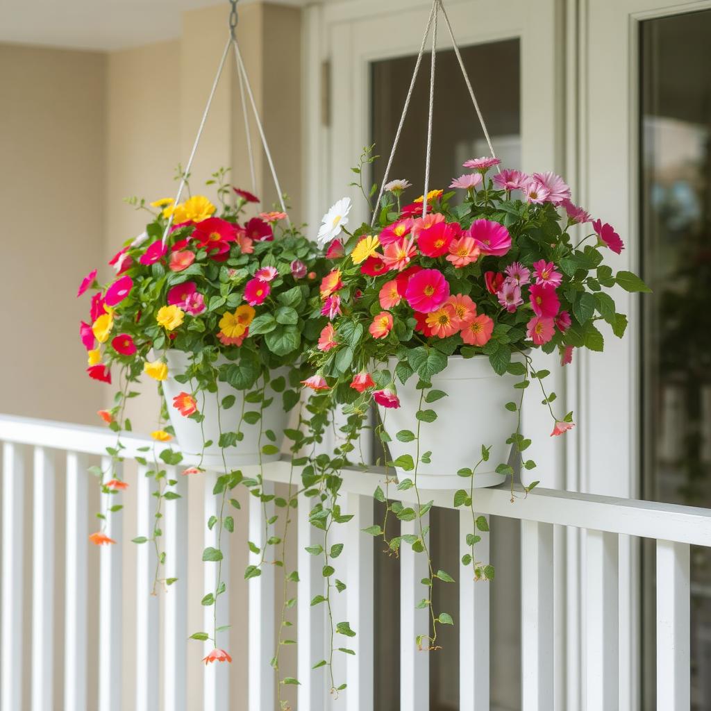 Hanging planters with colorful flowers and trailing vines attached to the balcony railing.