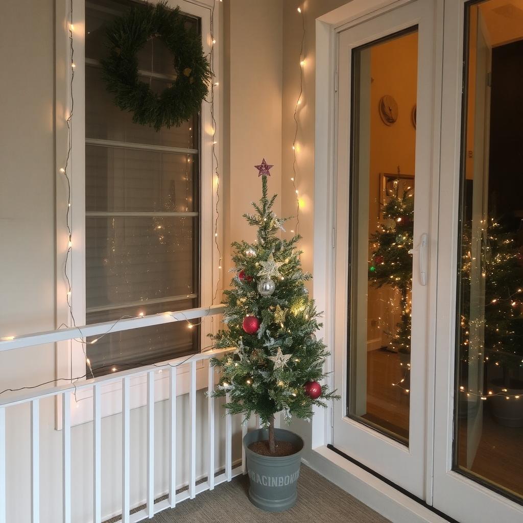 Showcase a balcony with a small, decorated tree in a corner with string lights around it.