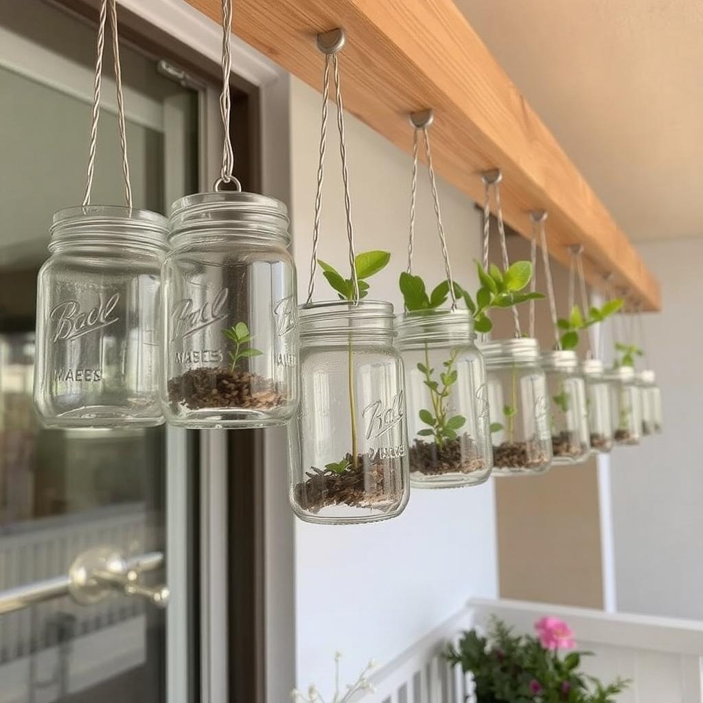 Mason jars hanging from a wooden beam on a balcony, each holding small plants.