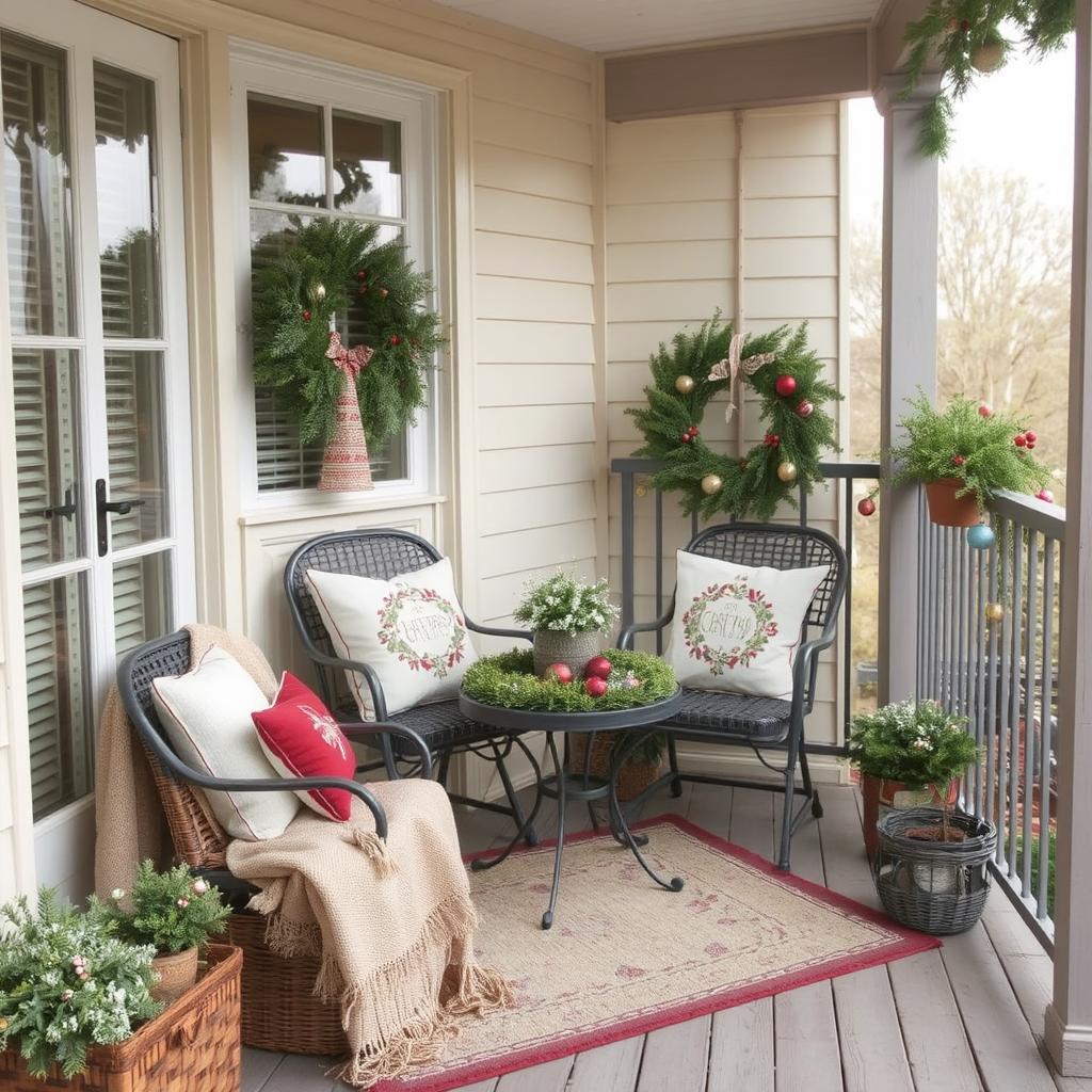 a cozy balcony decorated for christmas with a small table, decorated cushions, and a warm throw blanket.