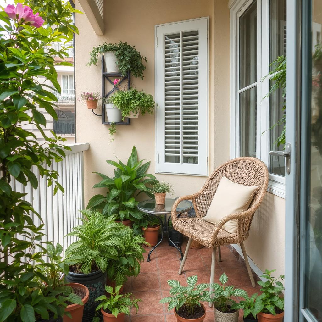 A cozy balcony with a wicker chair, a small table, and potted plants surrounding the space.