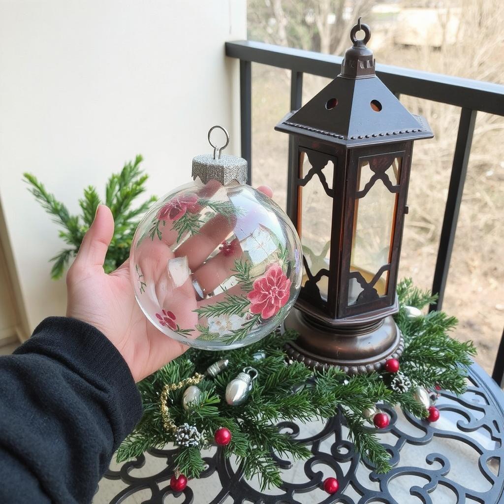 Show a DIY project, like a hand-painted ornament or a homemade lantern, placed on a balcony table.