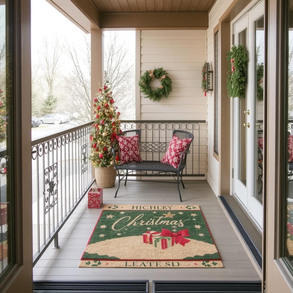 a balcony with a Christmas-themed doormat and a rug under a small seating area.