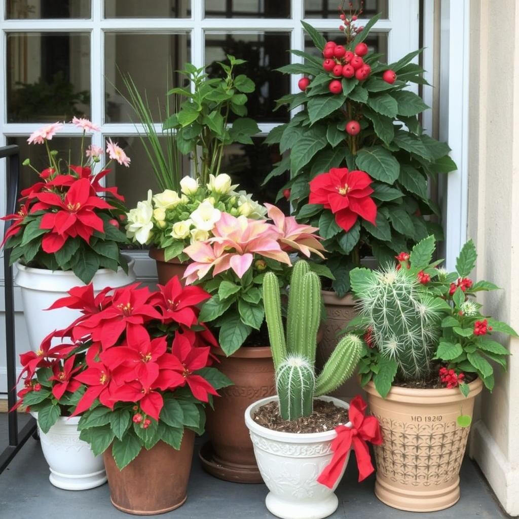  a balcony with various plants, including poinsettias and Christmas cacti, in decorative pots.