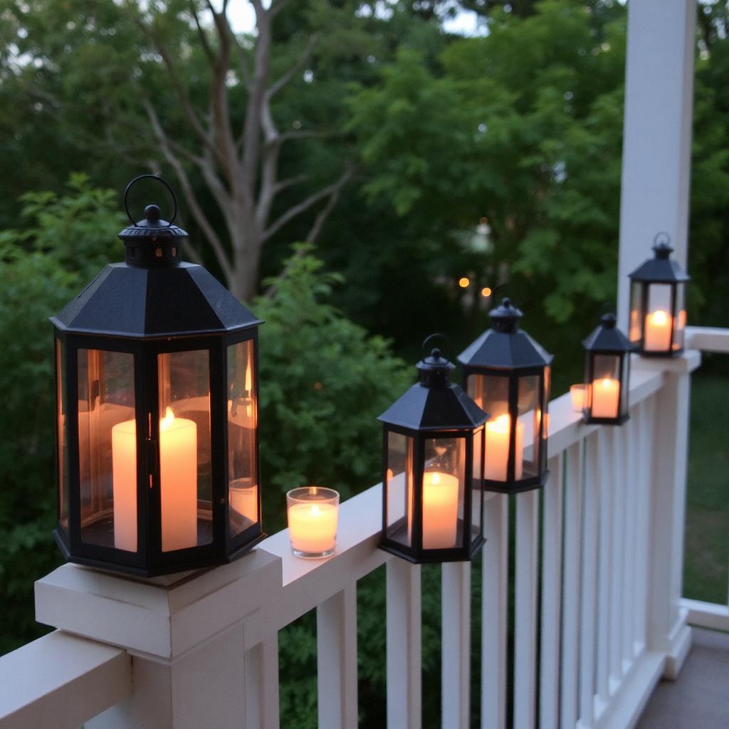 lanterns with candles placed around the balcony railing, creating a soft, glowing ambiance.