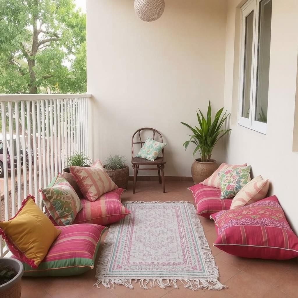 A cozy corner with colorful floor cushions, a small rug, and a coffee table on a balcony.